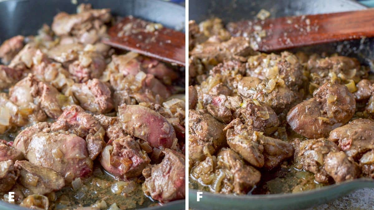Left - half cooked chicken livers, and then fully cooked on the right