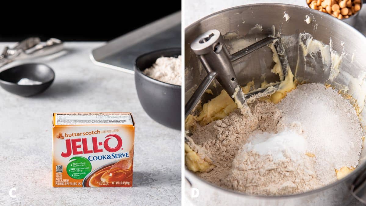 Jello pudding mix, flour, baking soda and salt on a table and then added to the mixer