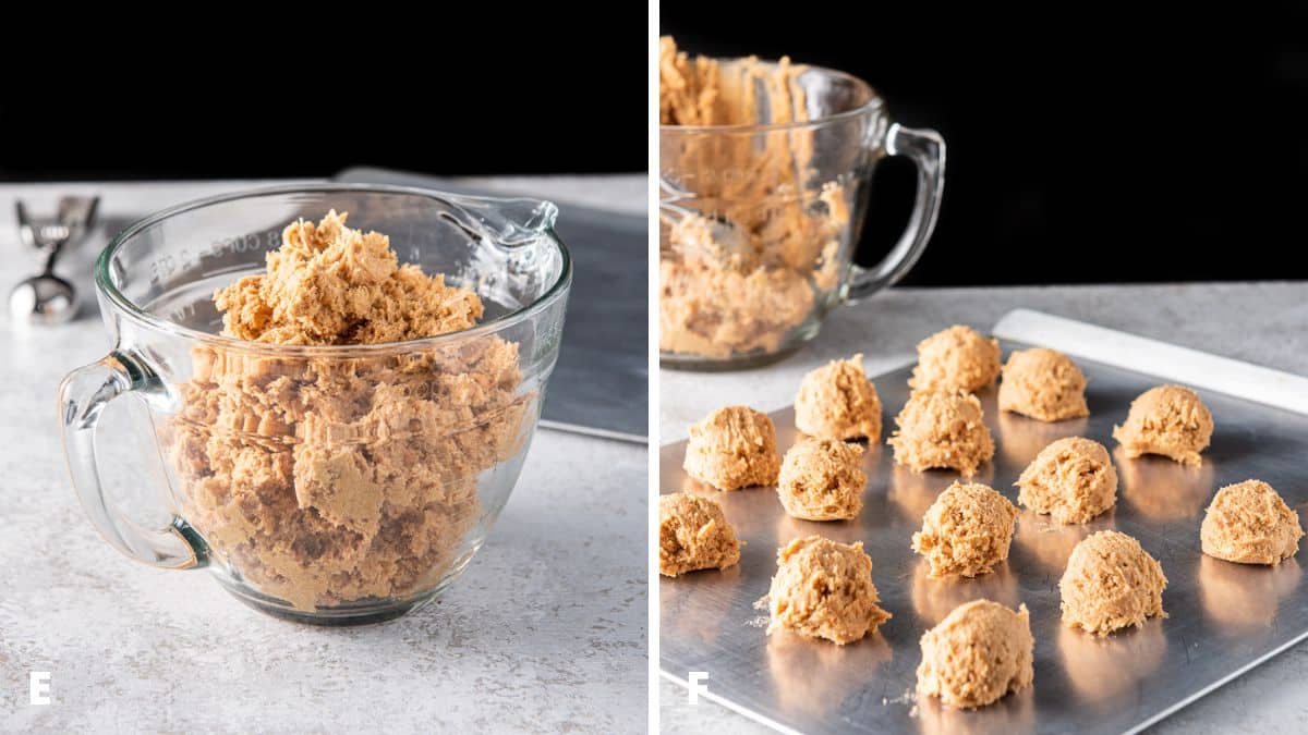 Left - Cookie batter in a big glass bowl with a cookie sheet and scoop behind it. Right - balls of dough on a cookie sheet with the bowl of batter behind