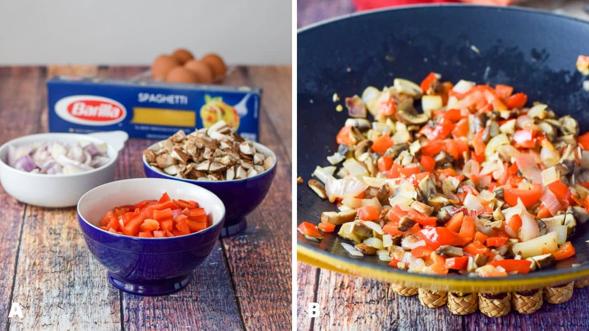 Left - Bowls full of chopped pepper, shallots, and mushrooms, pasta, and eggs on a table. Right - a wok with the vegetables cooked