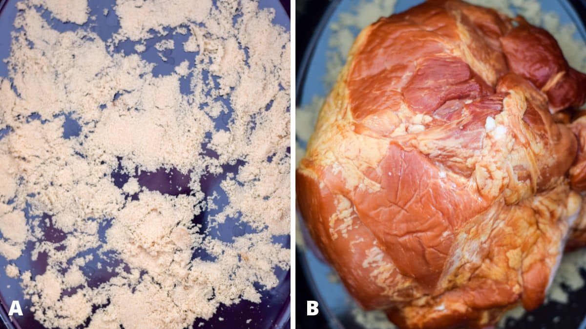 Left - Brown sugar in the bottom of the slow cooker. Right - The brown sugar on the sugar in the slow cooker