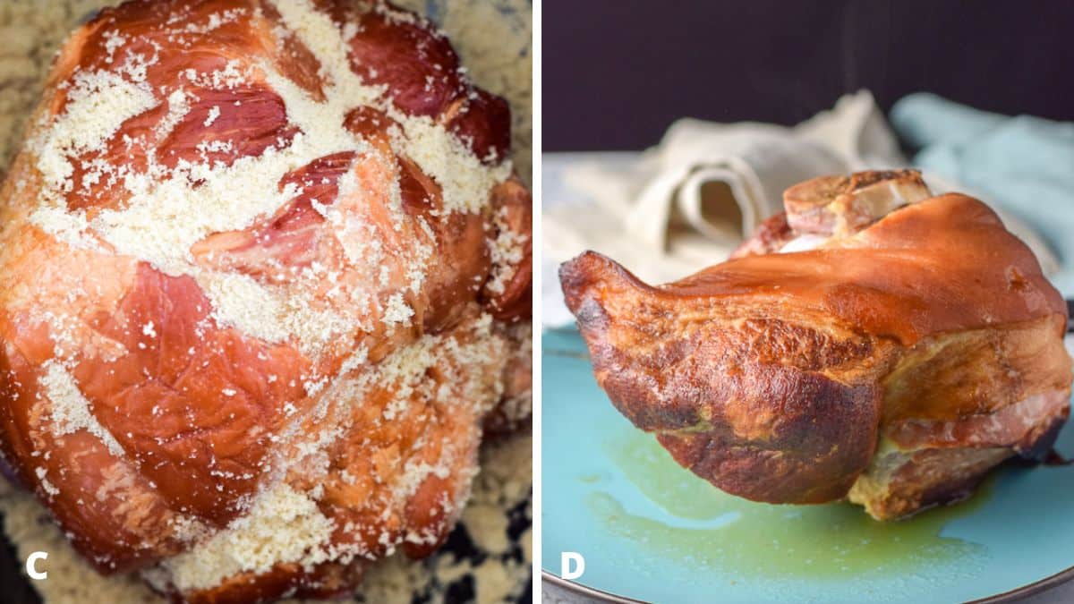 Left - Brown sugar patted on the smoked shoulder. Right - The cooked pork on a blue plate